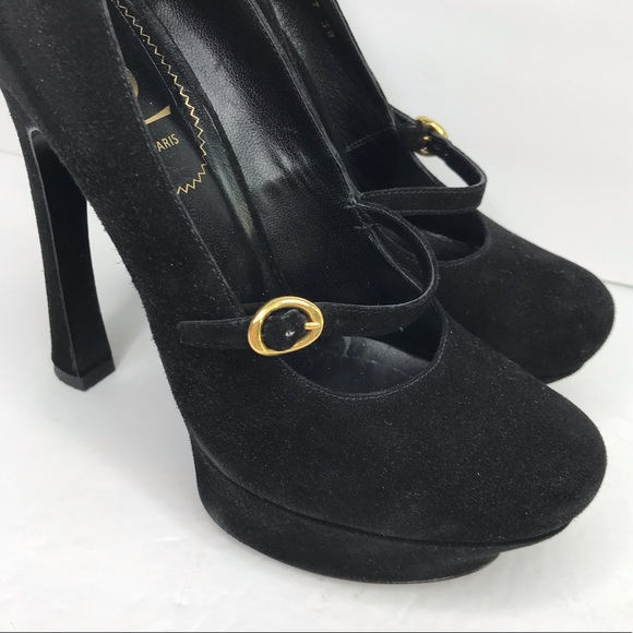 YSL Yves Saint Laurent Black Suede Tribtoo Mary Jane Platform Heels Size 38 - Picture 7 of 16